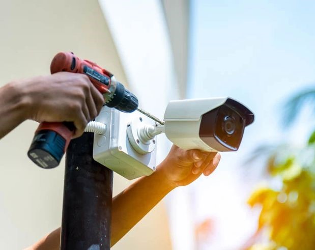 Technician installing surveillance equipment